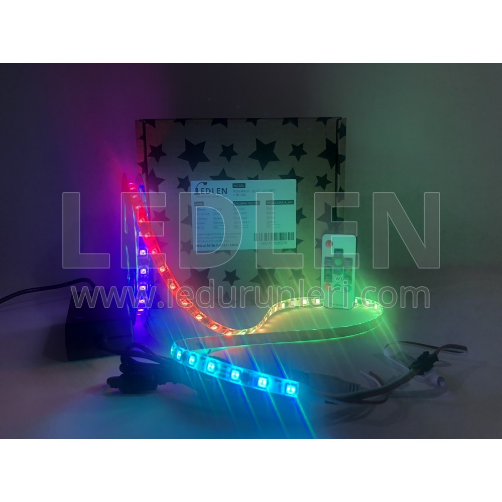Animasyonlu Kayar RGB Magic Şerit Led SETİ (Adaptör+Kumanda) Tak Çalıştır (5 Metre) - SRT-RGB-015