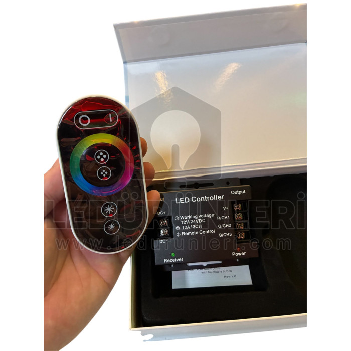 Dokunmatik RGB LED Kumandası – 36A (12A×3CH) 12–24V, Kablosuz Kumandalı RGB Kontrolcü Seti - LED.00682