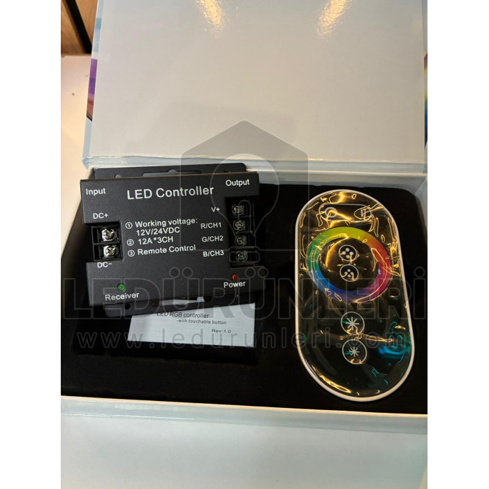 Dokunmatik RGB LED Kumandası – 36A (12A×3CH) 12–24V, Kablosuz Kumandalı RGB Kontrolcü Seti - LED.00682