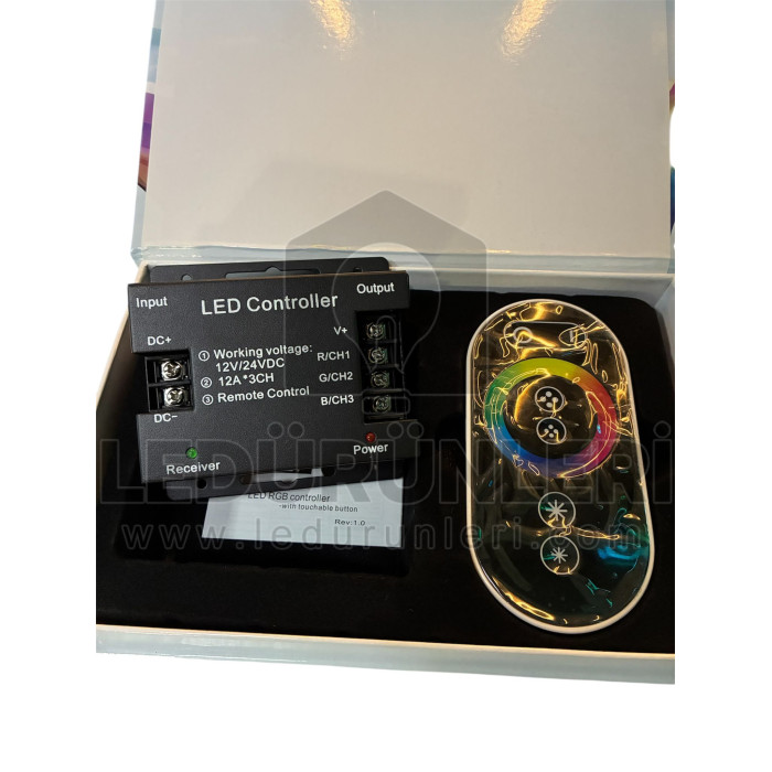 Dokunmatik RGB LED Kumandası – 36A (12A×3CH) 12–24V, Kablosuz Kumandalı RGB Kontrolcü Seti - LED.00682