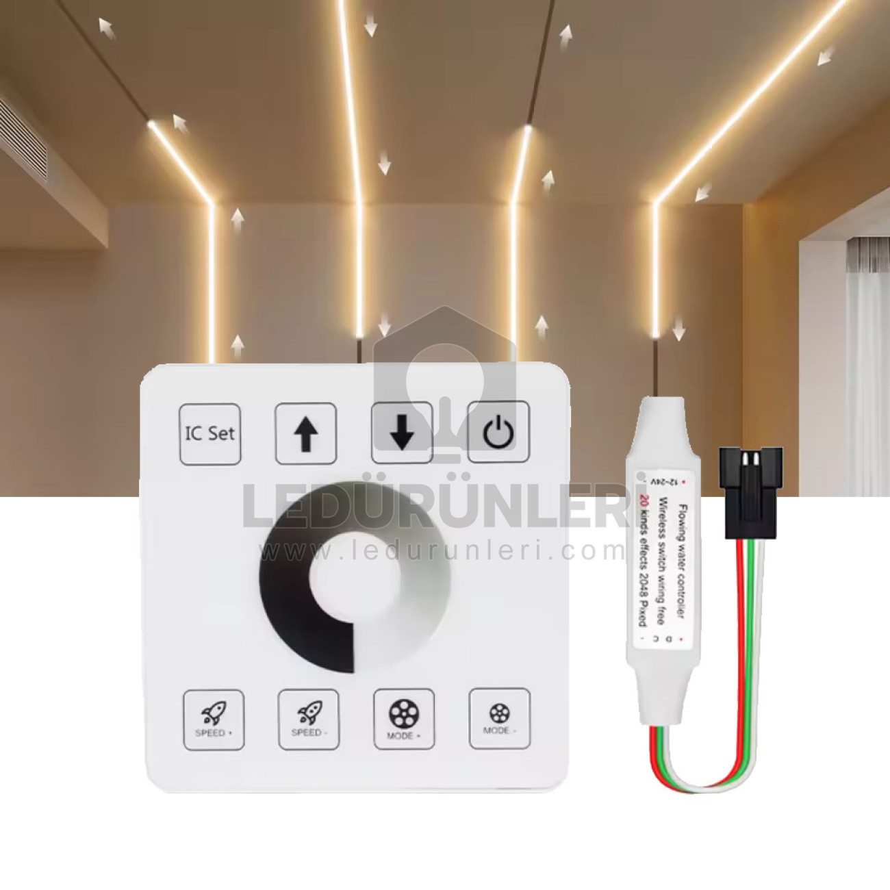 LEDLEN Duvar Tipi Tek Renk Pixel Şerit Kontrol Cihazı 12-24V | 2048 Piksel Kablosuz Panel Anahtar Kumanda