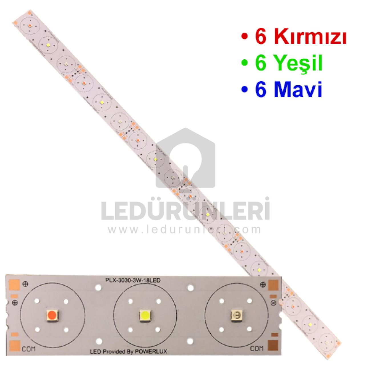 LEDLEN Tek Renk Pcb 18 Led RGB (6Yeşil 6 Mavi 6 Kırmızı)