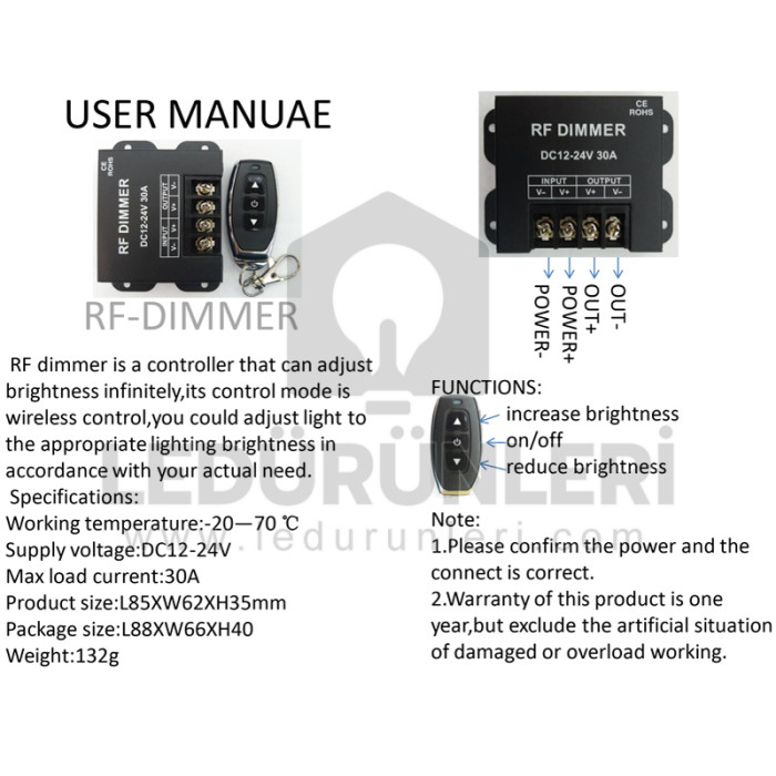 DC12V-24V 30Amper 3 Tuşlu RF Uzaktan Kumandalı Led Dimmer Cihazı - LED.01085