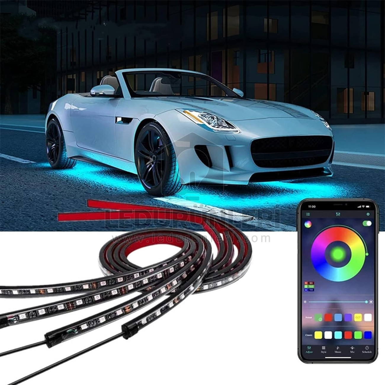 LEDLEN Araç Altı (Animasyonlu Kayan Led) Pixel Şerit Led Aydınlatma 4Lü Set Blutooth APP Kontrol