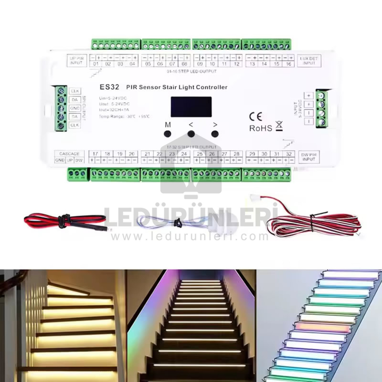 LightGo ES32 32+2 Kanal Pixel LED Merdiven Basamak Sensörü Kiti – 12–24V PIR Hareket Sensörlü Merdiven LED Kontrol Cihazı