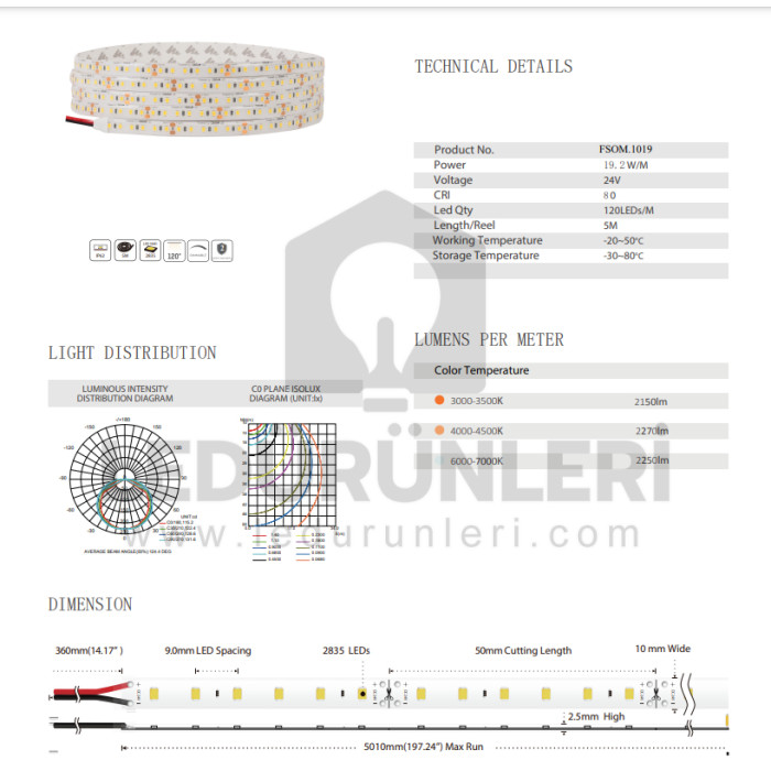 Samsung 24v. 120Led/1mt. IP65 Dış Mekan Silikonlu Şerit Led