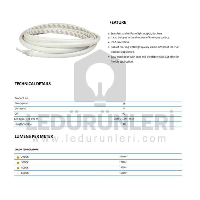 24v. 13mm Neon Led IP67 Dış Mekan 10 Metrelik - LED.01302