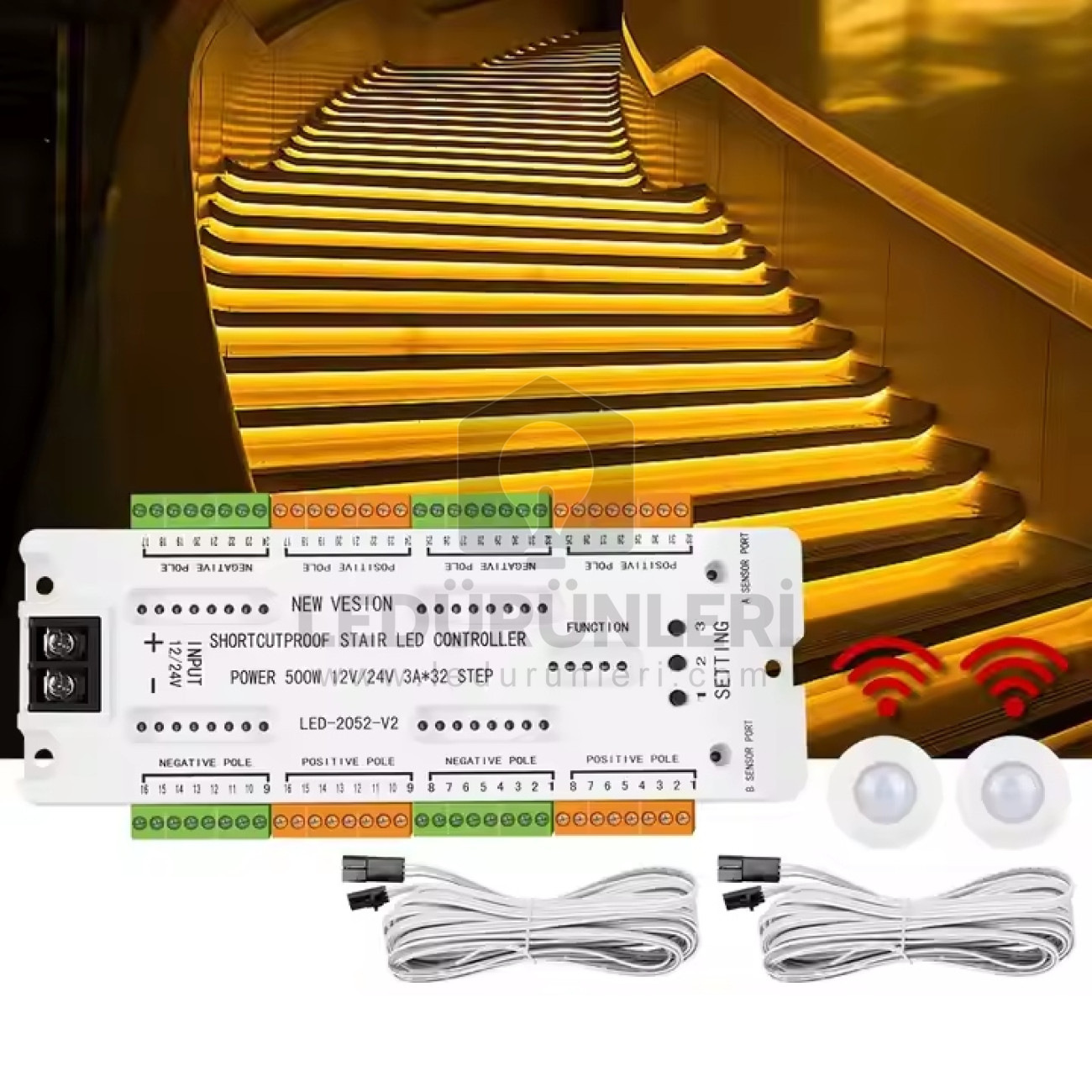 LightGo 32 Kanallı PIR Sensörlü Merdiven LED Kontrol Cihazı – DC 12‑24V, Her Adım için Işık