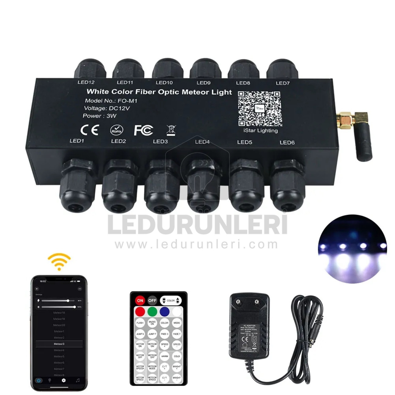 Fiberay 12V Beyaz Meteor (Shooting Star) Fiber Optik Işık Motoru | App + RF Kumanda