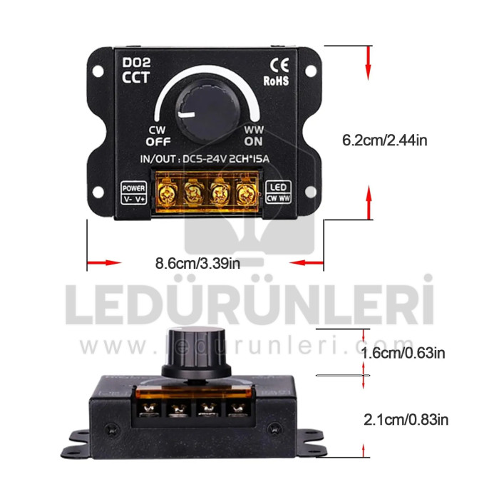 5–24V Giriş 30A CCT 2 kanal (WW/CW) LED Kontrolcü Manuel & RF Kumandalı - LED.01395