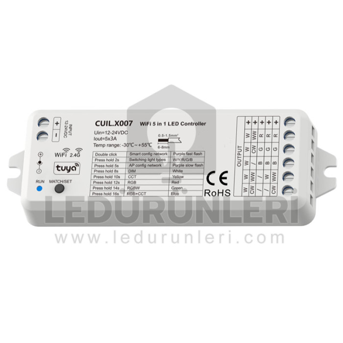 Wi-Fi + RF 5-in-1 LED Kontrolcü RGBW/WW/CW (Tuya, 12–24V, 5x3A) - LED.01398