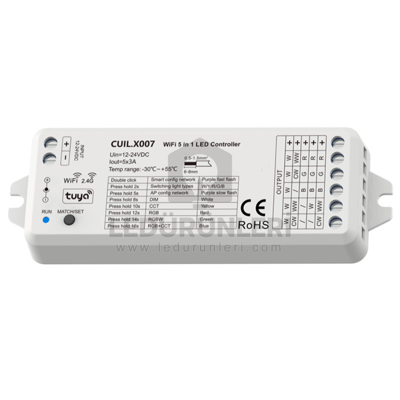 LightGo Wi-Fi + RF 5-in-1 LED Kontrolcü RGBW/WW/CW, CCT (Tuya, 12–24V, 5x3A)