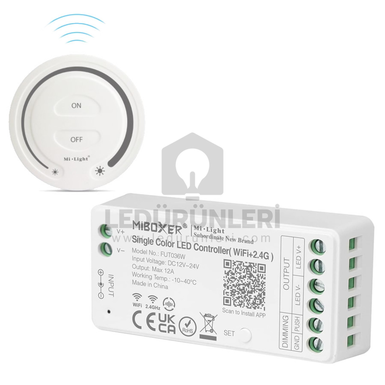 Mi-Light Wi-Fi + 2.4G RF Tek Renk LED Dimmer – MiBoxer FUT036W, 12–24V, 12A, Duvar Kumandası Uyumlu
