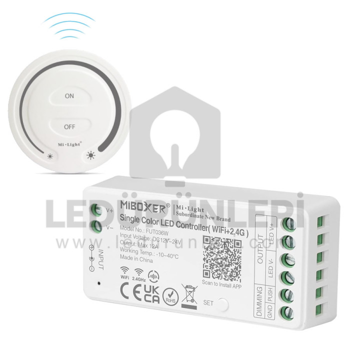 Mi-Light Wi-Fi + 2.4G RF Tek Renk LED Dimmer – MiBoxer FUT036W, 12–24V, 12A, Duvar Kumandası Uyumlu