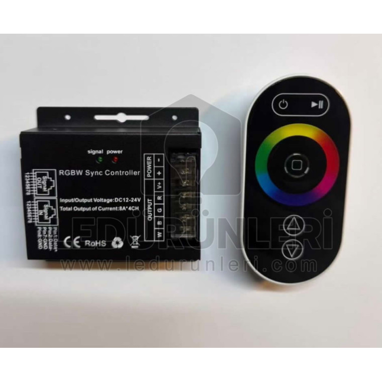 12-24V RGBW Sync LED Şerit Kontrol Cihazı 4x8A | RF Dokunmatik Kumandalı RGBW Kontrolör