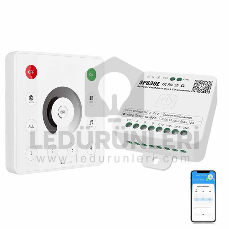 SP630E Akıllı LED Kontrol Cihazı & RC1 Duvar Tipi Tek Renk Dimmer Panel Seti | 5-24V 4 Bölge