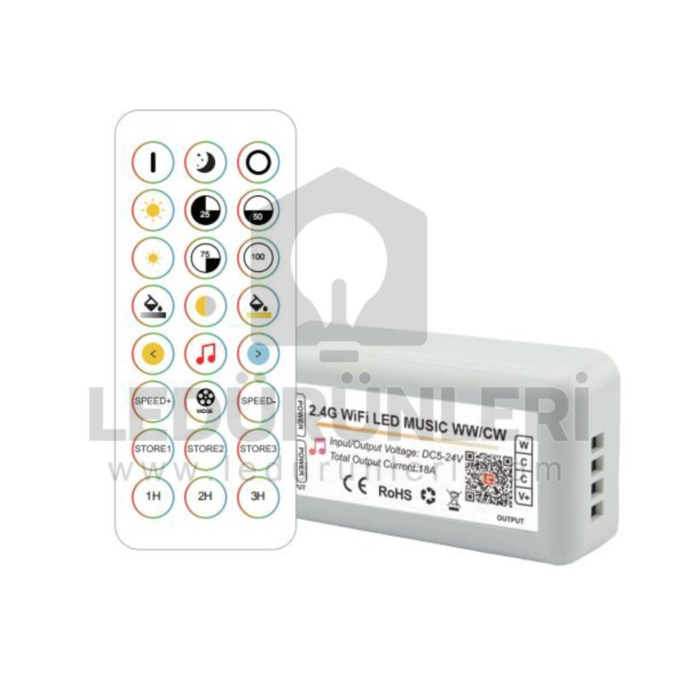 Tuya WiFi + RF (24 tuş) WW/CW (CCT) LED Kontrolcü (5–24V)