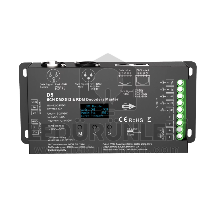 5 Kanal DMX512 RDM Decoder 12-24V 6A/CH RGB CCT LED Dimmer Kontrol Cihazı