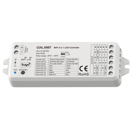 Wi-Fi + RF 5-in-1 LED Kontrolcü RGBW/WW/CW, CCT (Tuya, 12–24V, 5x3A)
